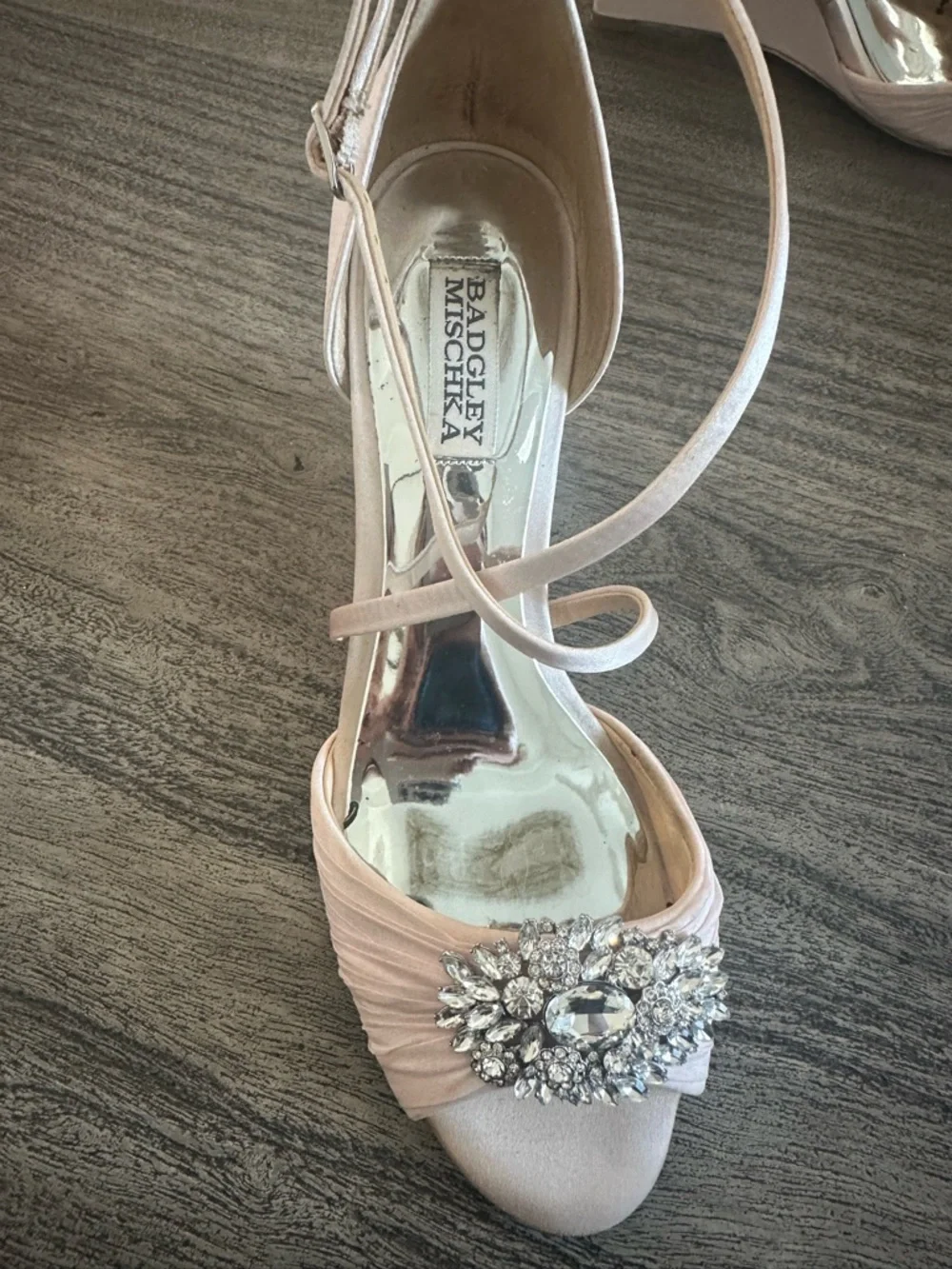 Badgley Mischka Rose Gold Satin Wedge Sandal with Crystal Accent - Picture 3 of 11